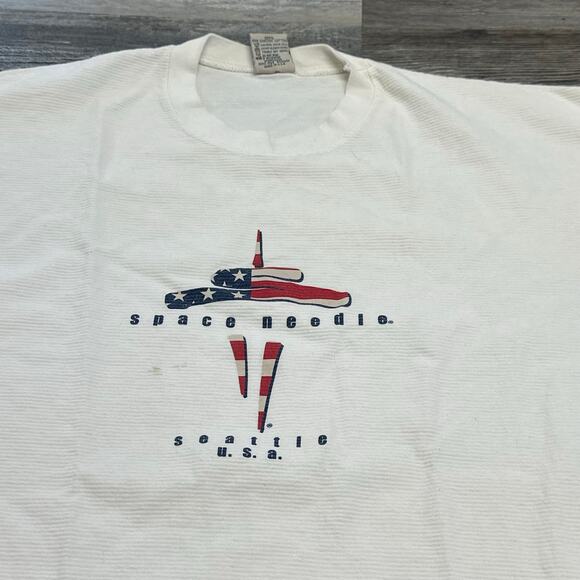 Space Needle Shirt Vintage Mens L Seattle Heavyweight Striped USA Flag 90s - Picture 1 of 9